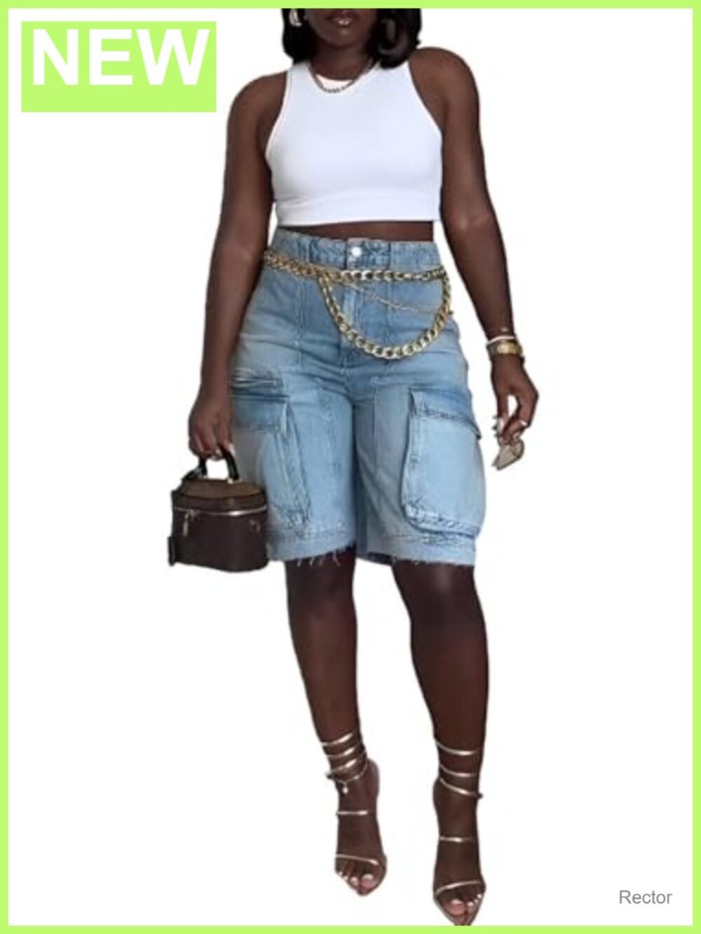 High Waist Straight Leg Cargo Denim Shorts with Pockets